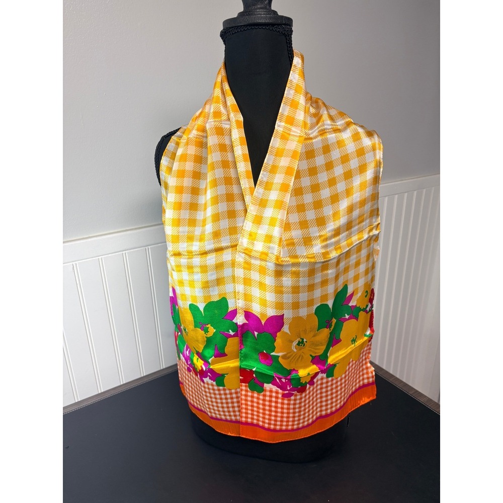 Liz Claiborne Vintage 100% Silk Scarf Yellow Gingham Floral 50X10 Japan